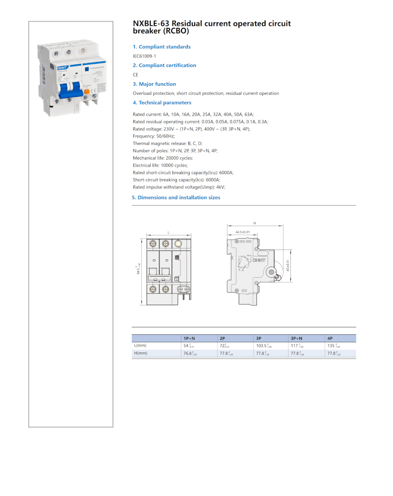 เบรคเกอร์กันดูด 50 แอมป์ 2 โพล 30MA 10KA CHINT RCBO NXBLE-63H 2P C50 TYPE AC_4